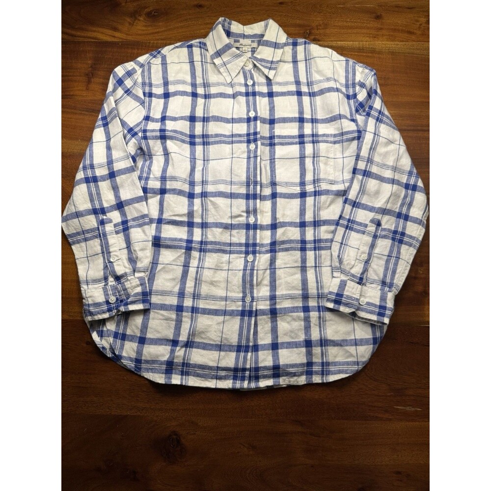 Madewell Women’s Blue Plaid Long Sleeve Button Down Linen Blend Shirt Size S